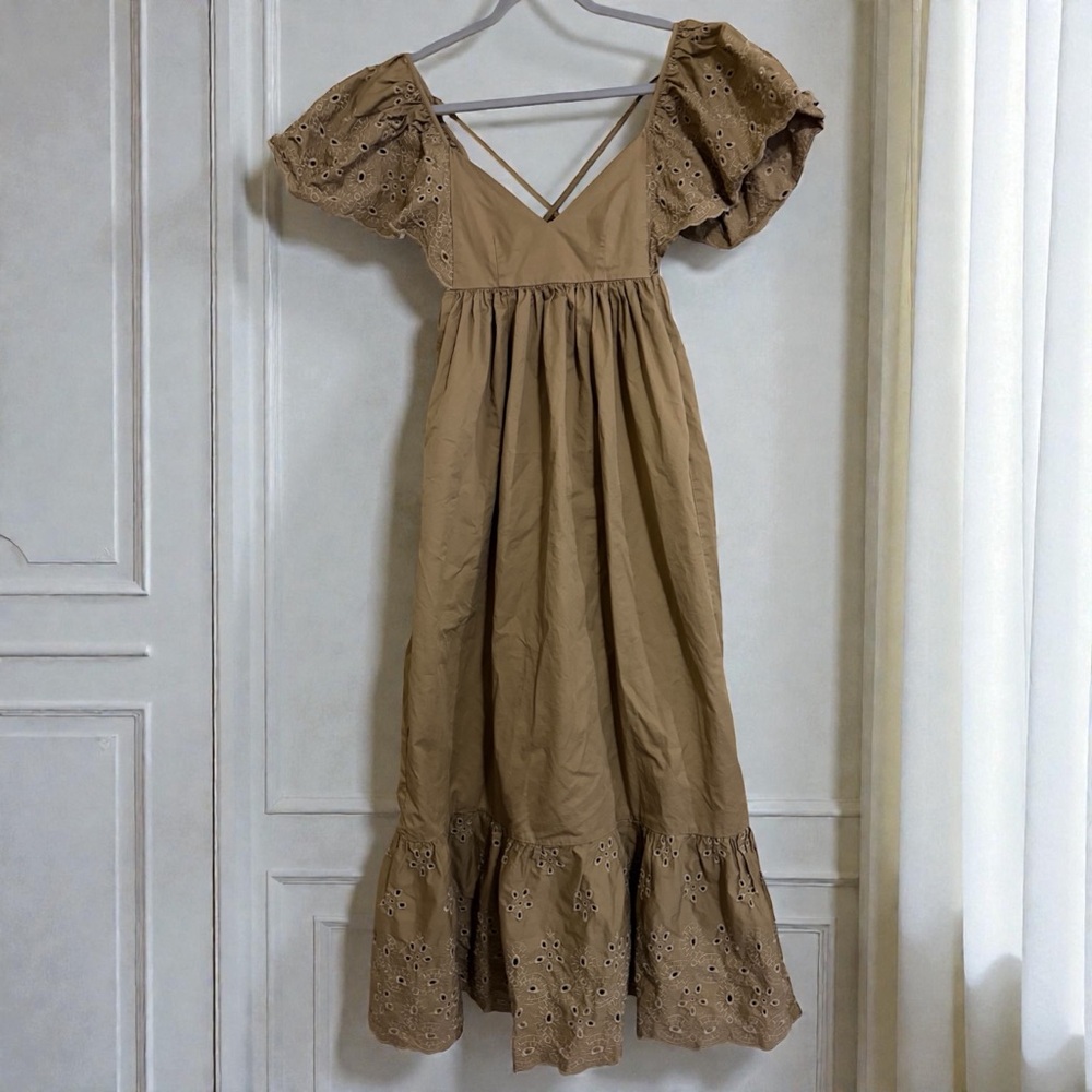 En Saison Anthropologie Flowy Tan Eyelet Boho Maxi Dress Size XS - Picture 4 of 6